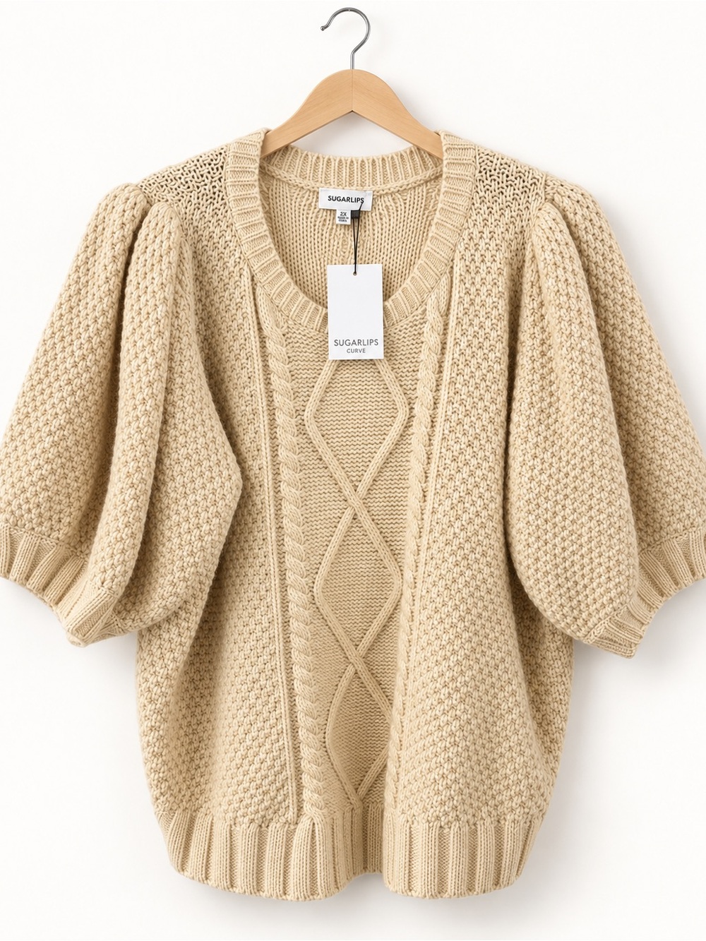 Sugarlips Cream Cable-Knit Puff Sleeve Sweater Top